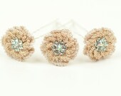 Hair Pins- Bridal Crochet Beige Flower Hair Pins, Wedding Accessory, Bohemian Wedding, Crystal Hair Piece for Bridesmaid, Fabric Flowers