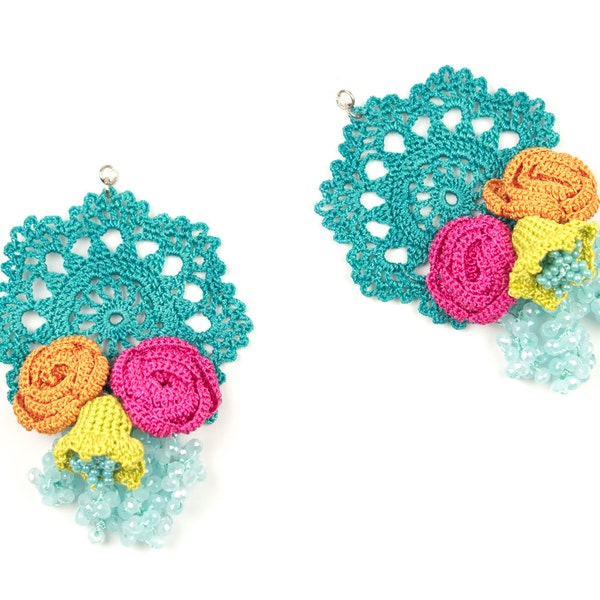 RESERVED - Earrings-Crochet Earrings, Pink Turquoise Faceted Crystals Crochet Beaded Statement Jewelry, Bohemian Jewelry, Nonallergic
