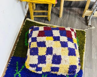 Moroccan wool pouf, square cotton cushion, handwoven in the style of Beni Werin, bohemian home decor [unstuffed]