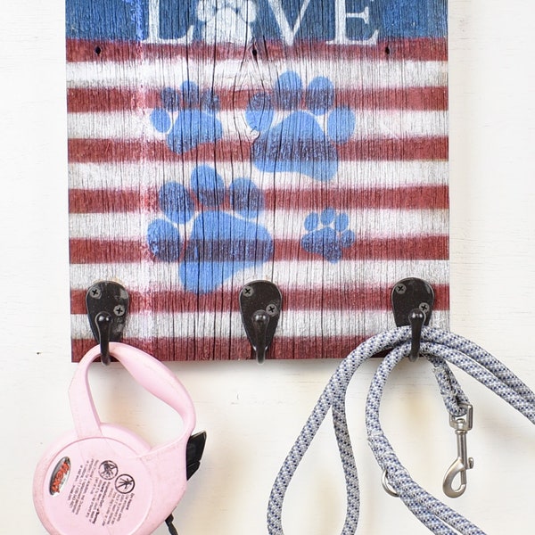 Rustic Farmhouse Chic Barnwood Wall Decor Wood Wall Panel, Wall Art Puppy Pet Paw Dog prints hook rack leash key holder Barn Wood