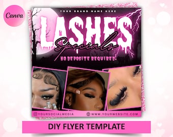 Peut inclure: Un modèle de flyer rose et noir avec le texte "LASHES Specials" et "No Deposit Required". Le flyer comprend des images de cils et le texte "DIY Flyer Template".
