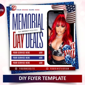 May include: A Memorial Day Deals flyer template with a red, white, and blue color scheme. The design includes the text "Memorial Day Deals" and a photo of a person on a smartphone screen. The flyer also includes the text "Your Service Here" and a website and Instagram handle.