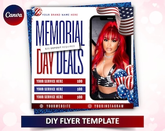 Memorial Day Booking Flyer, Memorial Day Special, May Booking, Memorial Day Exclusive Offer, Makeup, Hair, Lashes, Nails, Canva Editable
