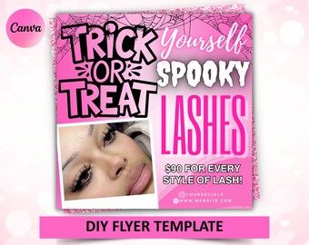 Peut inclure: Flyer rose sur le thème d'Halloween avec le texte "Trick or Treat Yourself Spooky Lashes". Comprend une photo d'un visage avec de longs cils. Le flyer indique également "90 $ pour chaque style de cils !" et "DIY Flyer Template".