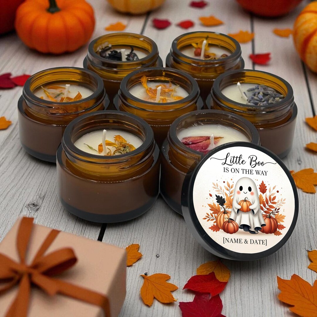Personalized Halloween Baby Shower Soy Candle Favors: Amber Jar Gifts ...