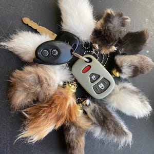 May include: A collection of keys and key fobs, including a car key remote, surrounded by small, fluffy, multi-colored fur tails. The tails are white, brown, and gray, each adorned with a small gold bell.