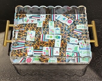 Scalloped Acrylic Tray | Mahjong Tile Print, Gold Hardware, 8x10 Organizer