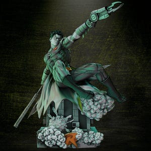 May include: A detailed statue of a superhero in a dynamic pose, clad in a green and black costume with a cape. The figure is holding a futuristic weapon and is mounted on a detailed base with a stylized cloud effect.