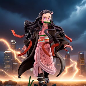 May include: A detailed figurine of a character from the anime series, Demon Slayer. The figure is wearing a pink kimono with a geometric pattern, a brown coat, and has long black hair. The figure is standing on a base with a cityscape background and lightning.