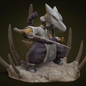May include: A 3D-rendered figurine of a Cubone-like character in a martial arts pose. The figure wears a white and purple outfit, holding a sword. It stands on a rocky base surrounded by bone-like structures, with fiery sparks.