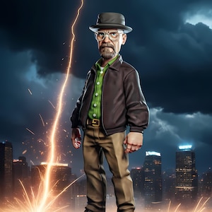 May include: A figurine of a man wearing a fedora, glasses, and a brown jacket over a green shirt. He is standing on a black platform with a cityscape and lightning in the background. The figurine is a stylized representation of a character.