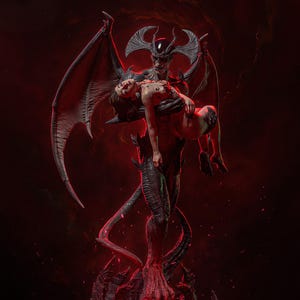 Può includere: Scultura digitale dettagliata di una figura demoniaca con grandi ali, che tiene una figura umana. La scultura è prevalentemente scura con accenti rossi, creando un'atmosfera drammatica e intensa. Le figure sono riccamente dettagliate.