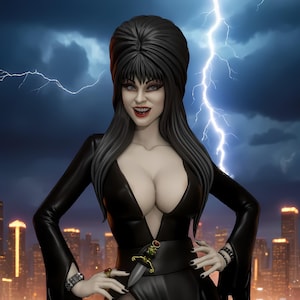 May include: A detailed figurine of a woman with black hair and a black dress. The figure has a plunging neckline and a dagger on the belt. The background features a city skyline with lightning.