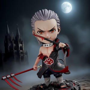 Pode incluir: Figura de um personagem com cabelo cinza, olhos vermelhos e uma expressão ameaçadora. A figura veste uma roupa preta e vermelha e segura uma foice vermelha. A figura está sobre uma base rochosa com um fundo escuro e uma lua cheia.