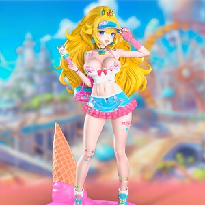 May include: A figurine of a woman with long, flowing blonde hair, wearing a white crop top, blue skirt, and pink accessories. She holds an ice cream cone and stands on a pink base with a melting ice cream cone. The background features a blurred amusement park.