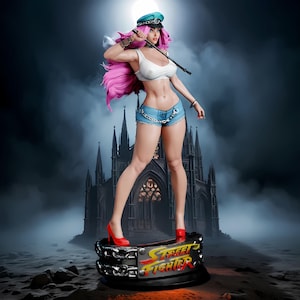 Può includere: Statua di un personaggio femminile della serie di videogiochi Street Fighter. Indossa un top bianco, pantaloncini di jeans e tacchi rossi. I suoi capelli rosa sono acconciati con un berretto. La statua poggia su una base con il logo Street Fighter.