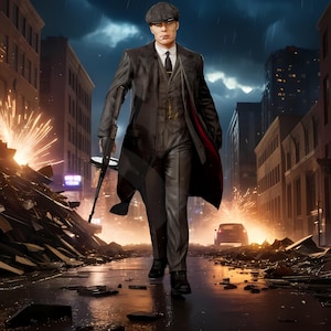 Peut inclure: Un homme en costume gris foncé, manteau et casquette, tenant un fusil, marche dans une rue de la ville. La scène se déroule pendant un orage, avec des explosions et des débris en arrière-plan. Le manteau a une doublure rouge.