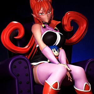 May include: A detailed figurine of a character with red hair, pointed ears, and a stern expression, seated on a purple throne. The character wears a black and pink outfit with red boots and holds a small blue doll. The throne has a curved back.