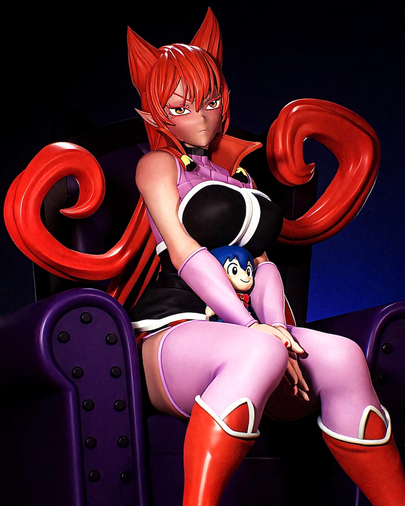 May include: A detailed figurine of a character with red hair, pointed ears, and a stern expression, seated on a purple throne. The character wears a black and pink outfit with red boots and holds a small blue doll. The throne has a curved back.