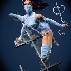 May include: A dynamic sculpture of a figure in a light blue outfit, with a mask and wrapped limbs, posed mid-air. The figure is set against a dark blue backdrop, with a shattered glass effect and a white, looping design.