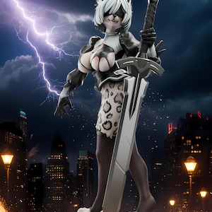 May include: Digital artwork of a humanoid cat character with white hair, wearing a black and white outfit and a leopard print skirt, holding a large silver sword. The background features a cityscape with lightning.