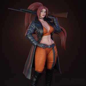 May include: A 3D rendered figure of a woman with long red hair, wearing an orange crop top and pants, a black leather jacket, gloves, and boots. She is holding a rifle over her shoulder, with a confident pose.
