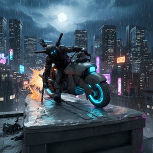 Puede incluir: Una motocicleta futurista con detalles azules brillantes, conducida por una figura con un traje oscuro, se muestra en una azotea en un paisaje urbano lluvioso. La escena está iluminada por letreros de neón y una luna llena, creando una estética cyberpunk dramática.