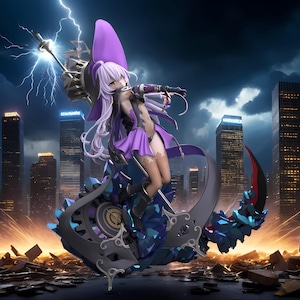May include: A detailed anime-style figurine of a female character in a dynamic pose, dressed in a purple and black outfit. The figure is mounted on a stylized base with a crescent-shaped blade. The background features a cityscape with a lightning strike.
