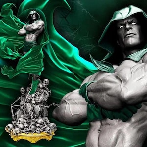 Könnte beinhalten: Digitalillustration einer muskulösen Figur in einem grünen Kapuzenmantel, mit einer zweiten Figur im Hintergrund. Die Vordergrundfigur hat einen strengen Ausdruck. Eine Gruppe von Skeletten und Schädeln auf einem goldenen Podest.