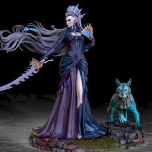 May include: A detailed figurine of an elven warrior woman in a long gown, holding a sword and a fan. The figure has long hair and is accompanied by a blue wolf statue. The colour scheme features blues, purples, and gold.