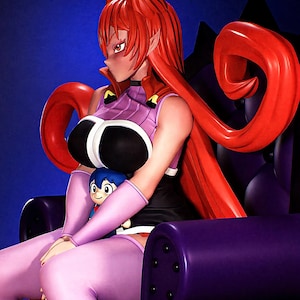 May include: A 3D rendered anime-style figure with red hair and pointed ears, wearing a black and purple outfit. The figure is seated on a purple chair and holding a small blue doll. The background is a gradient of blue.