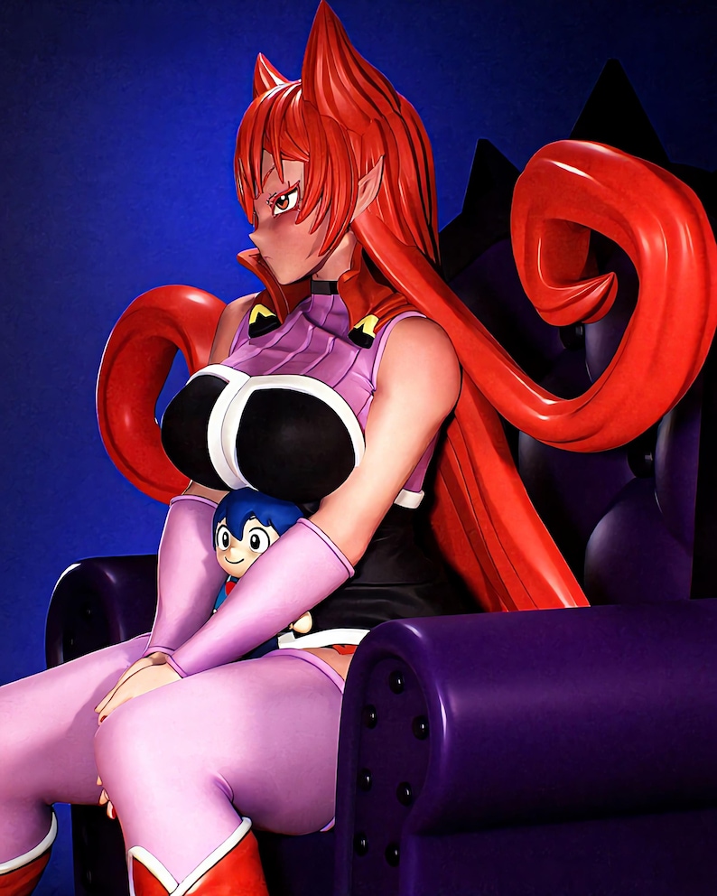 May include: A 3D rendered anime-style figure with red hair and pointed ears, wearing a black and purple outfit. The figure is seated on a purple chair and holding a small blue doll. The background is a gradient of blue.