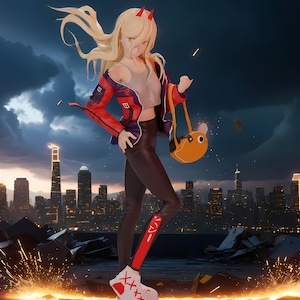 Puede incluir: Ilustración digital de un personaje de anime femenino con cabello rubio, cuernos rojos y una chaqueta roja y morada. Sostiene una bolsa naranja con un diseño de pez. El fondo presenta un paisaje urbano bajo un cielo tormentoso.