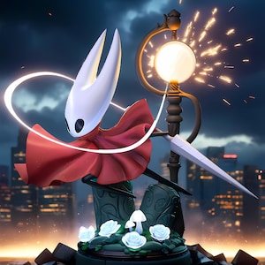 May include: A detailed figurine of a character with a white mask, red cape, and a large, curved blade. The figure is set against a cityscape backdrop with a glowing orb and sparks. The base features white roses and mushrooms.