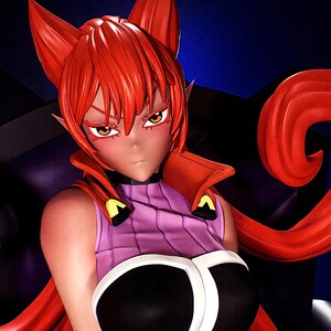 May include: An anime-style figure with red hair and pointed ears. The figure wears a purple top with a black and white chest piece and a red collar. The figure has a stern expression and is set against a dark blue background.