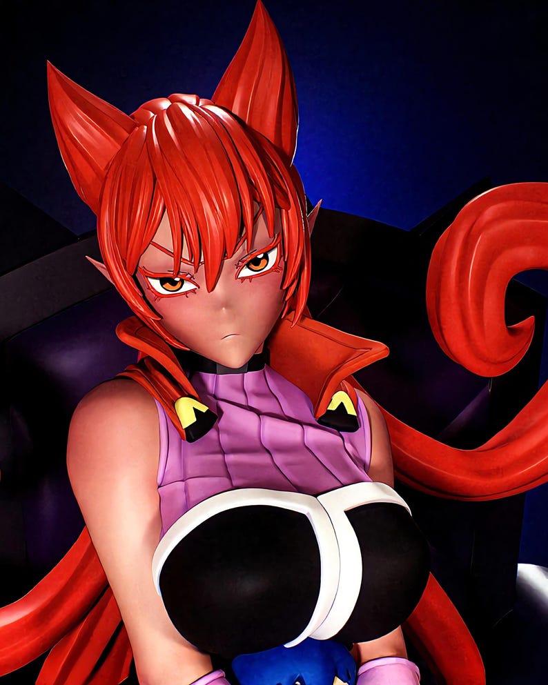 May include: An anime-style figure with red hair and pointed ears. The figure wears a purple top with a black and white chest piece and a red collar. The figure has a stern expression and is set against a dark blue background.