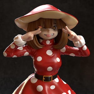 May include: A figurine of a girl in a red dress with white polka dots and a mushroom-shaped hat. The girl is sticking out her tongue and making a peace sign with her fingers. The figurine has brown hair and a black belt.