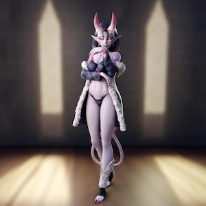 May include: A 3D-rendered figurine of a female demon with pink horns, dark hair, and red eyes. She wears a black and white checkered top, a dark thong, and a white fur-trimmed coat. Her tail and boots are also visible.