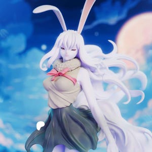 May include: A white-haired anime figure with long flowing hair and bunny ears. The figure wears a light-colored top, a dark green skirt, and a pink bow. The background is a blue night sky with a full moon.