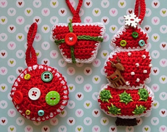 Christmas Ornaments Crochet Pattern Set | 3 Tree Decorations PDF | Ball Gift Box Tree | Beginner Friendly