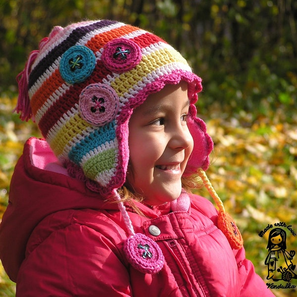 Mad about the buttons :-) crochet earflap/hat  - DIY, pdf pattern - sizes 2 years - adult