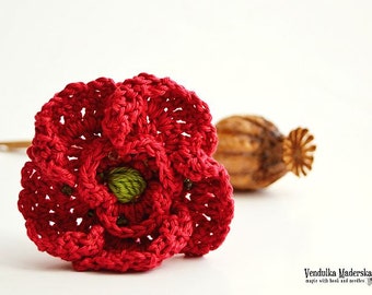 Crochet  poppy flower - brooch - pattern, DIY