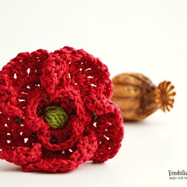 Crochet  poppy flower - brooch - pattern, DIY