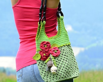 Crochet bag with red poppies - crochet pattern, DIY