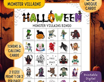 Halloween Bingo Game, Monster Villains, 50 Unique Cards (PDF)