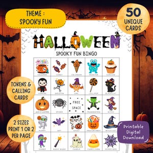 Gioco del bingo di Halloween, 50 carte uniche, divertimento spettrale (download digitale)