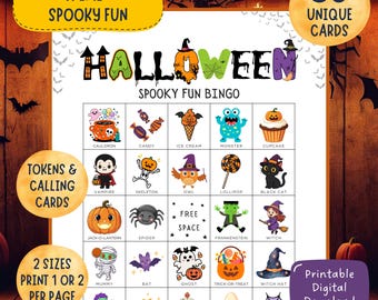 May include: A Halloween-themed bingo game with the text "Spooky Fun Bingo." The game features colorful illustrations of Halloween icons like pumpkins, ghosts, and witches. Includes 50 unique cards and tokens.