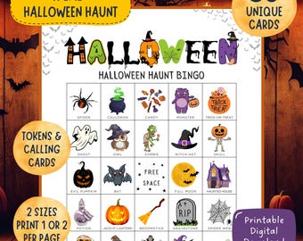 May include: A Halloween Haunt Bingo game with 50 unique cards. The game board features Halloween-themed images like spiders, pumpkins, and ghosts. Includes tokens, calling cards, and a printable digital download option. The text "Halloween Haunt" is at the top.