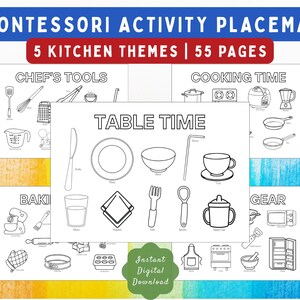 May include: Montessori activity placemat with 5 kitchen themes and 55 pages. The placemat includes illustrations of kitchen tools, cooking items, and baking equipment. The text "Instant Digital Download" is also visible.
