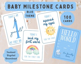 100 Baby Milestone Card Bundle Blue Theme, Baby Welcome Cards, Age Milestone Cards, Baby First Moment Cards, Photo Props, Keepsake Memories